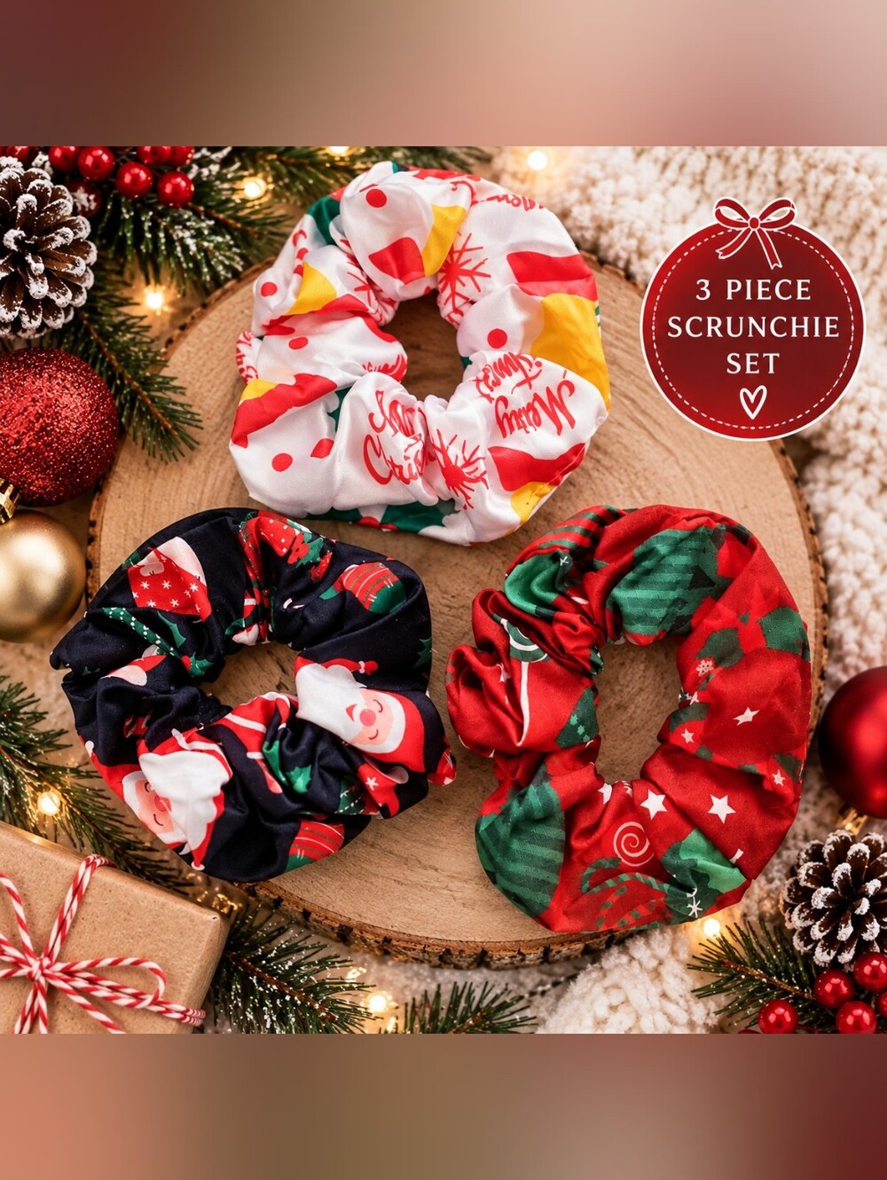 Christmas Silky Scrunchie Set of 3 Large– Festive Holiday Santa Tree Stars New